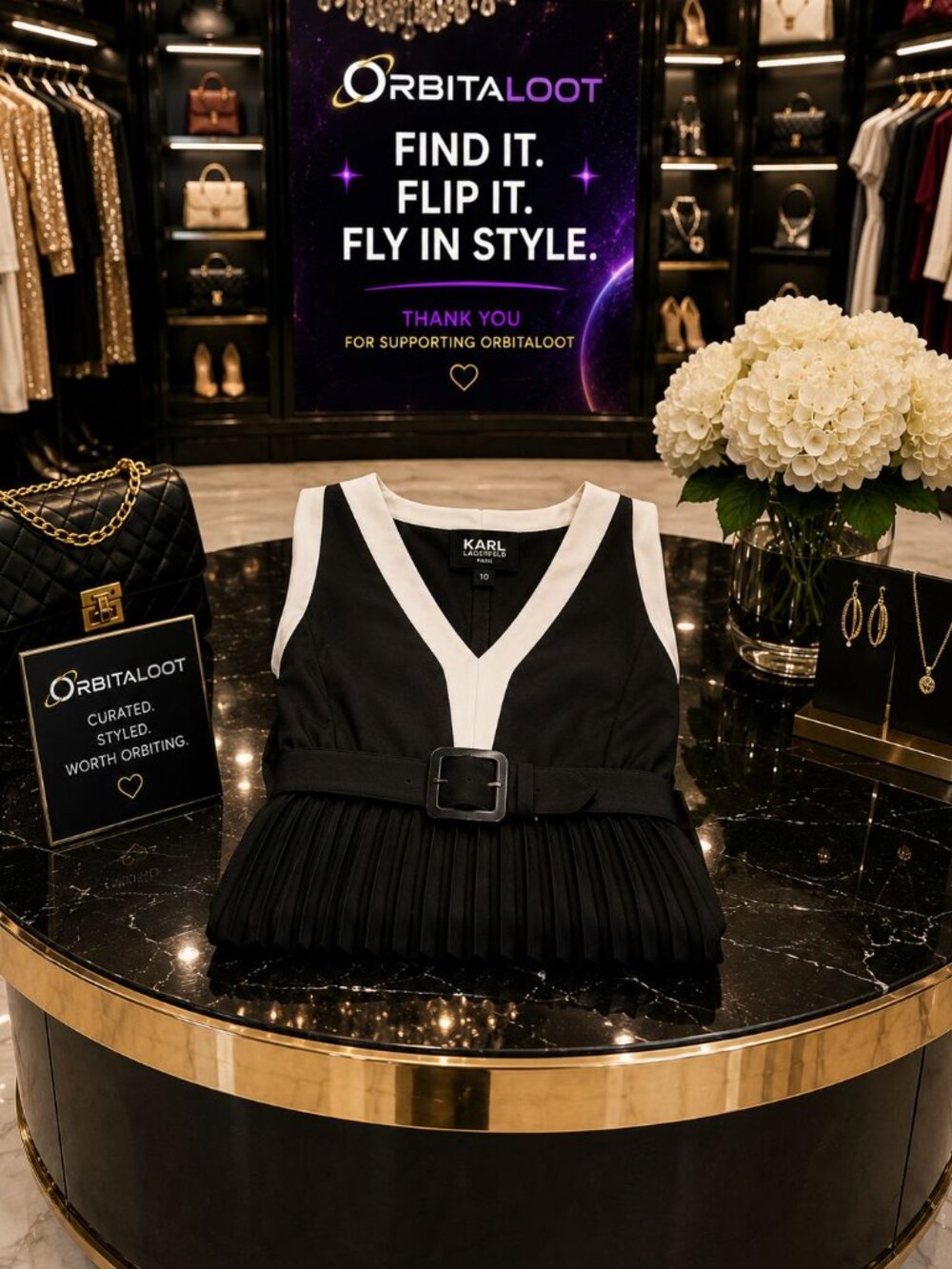 Karl Lagerfeld Paris Black Ivory Belted Pleated Colorblock Business Midi Dress - Picture 4 of 9